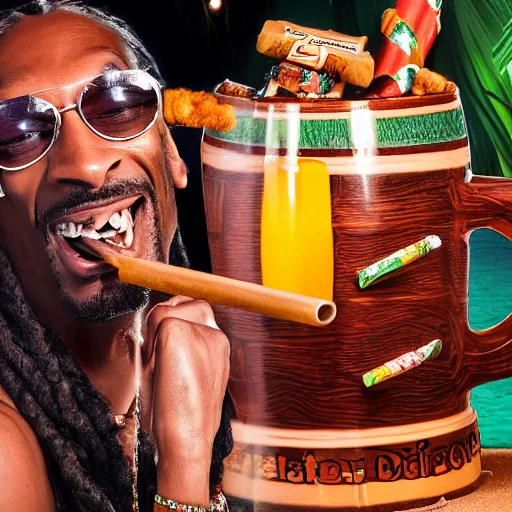 Image similar to a closeup photorealistic photograph of happy stoned blunt smoking snoop dogg at trader vic's bar holding up a trader vic's style tiki mug featuring snoop dogg's face. tiki culture. lit scene. 4 k hd image that's trending on artstation, featured on behance, well rendered, extra crisp, features epic composition and the style of unreal engine.