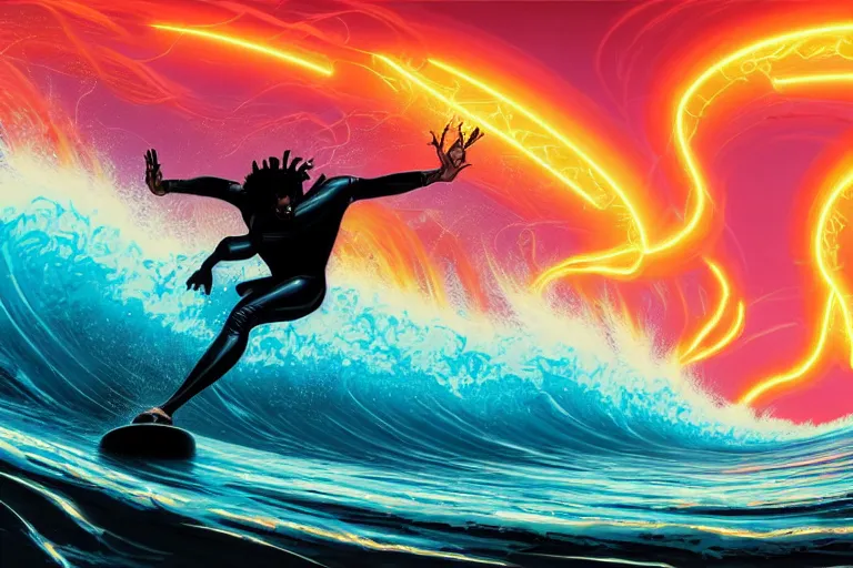 Prompt: a wide angle dynamic action photo of the silhouette of a cybernetic black man with dreadlocks surfing an opal barrel wave, neon lightning storm, by clark little and rhads in a surreal style, concept art by dan mumford, ( wave porn ), highly detailed, infinite intricacy fractal, retrowave sunset, bokeh