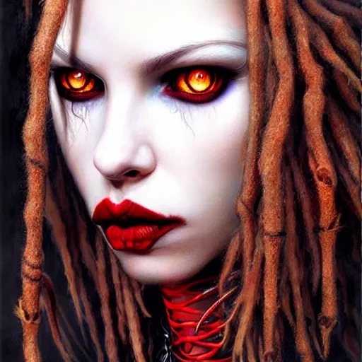 Image similar to portrait of flawless beautiful psychopathic female with blonde and red dreadlocks, dark, piercing eyes, exotic expression, esoteric clothing, photorealistic, highly detailed, mysterious lighting, artstation, smooth, sharp focus, art by michael whelan, artgerm, greg rutkowski and luis royo