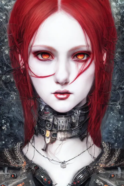 Image similar to portrait of cute beautiful young goth maiden, red hairs, cyberpunk, Warhammer 40000, gothic, highly detailed, artstation, illustration, art by Gustav Klimt and Range Murata