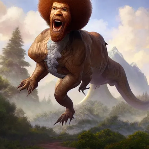 Image similar to bob ross!!! riding!!! a dinosaur!!, giant afro!, model pose, ultra realistic, concept art, intricate details, highly detailed, photorealistic, octane render, 8 k, unreal engine. art by artgerm and greg rutkowski and alphonse mucha