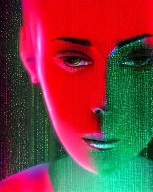 Image similar to dramatic cyberpunk portrait of a metallic featureless woman's face, crystalline, red glow, green glow, blue glow, atmospheric haze, intense shading, chromatic aberration, glitch, backlit, bokeh, centered