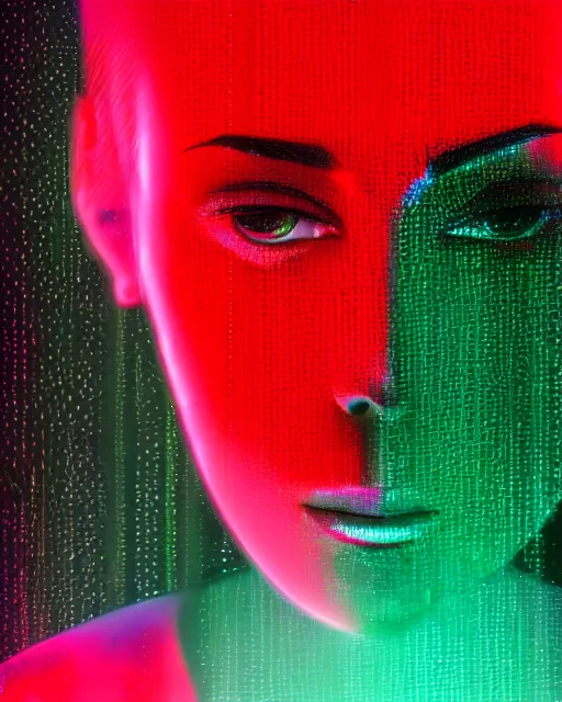 Prompt: dramatic cyberpunk portrait of a metallic featureless woman's face, crystalline, red glow, green glow, blue glow, atmospheric haze, intense shading, chromatic aberration, glitch, backlit, bokeh, centered