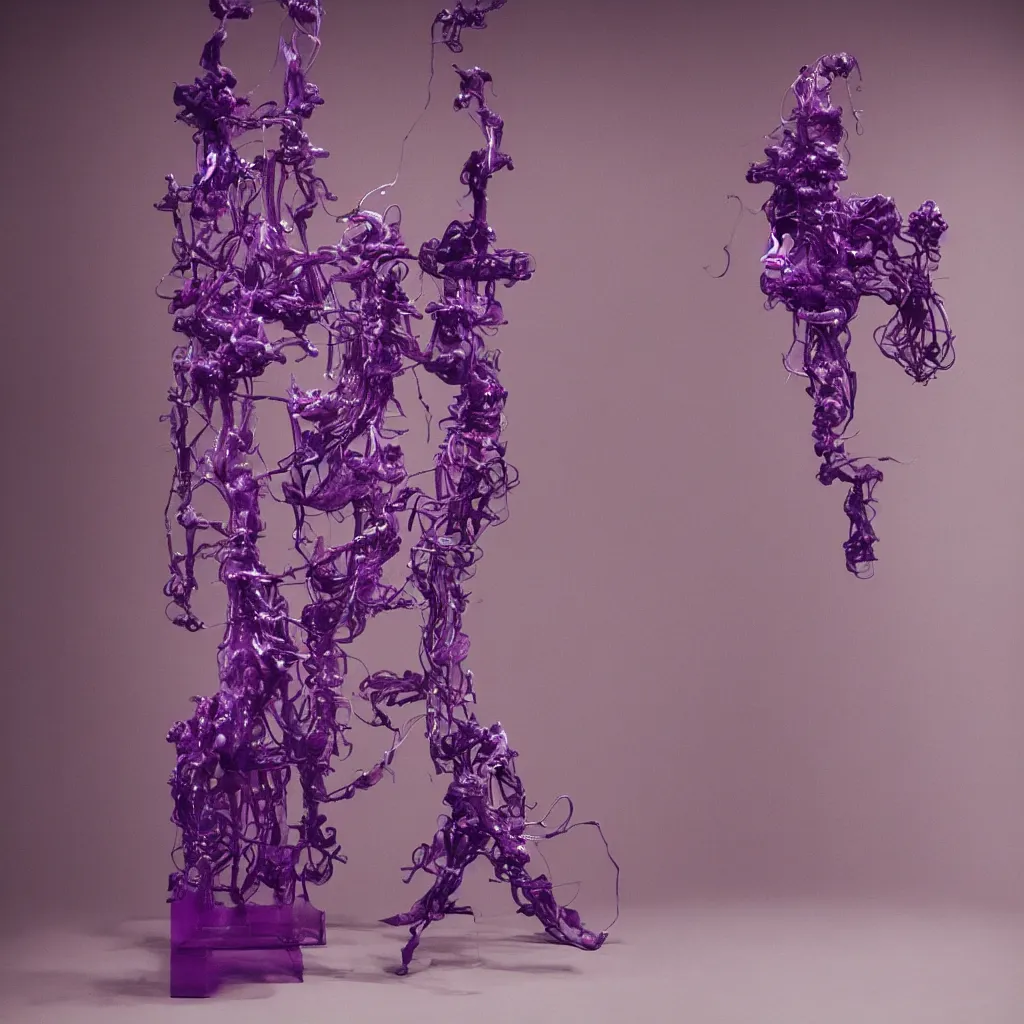 Image similar to an abstract organism machine with purple wax form by nadav kander