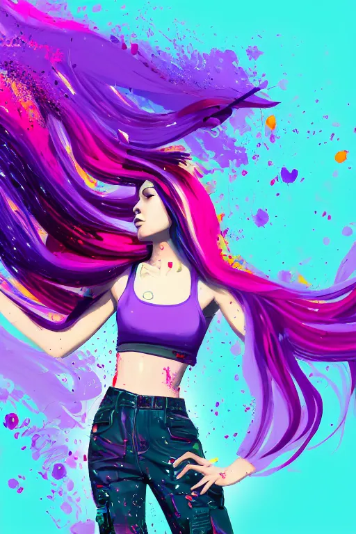 Prompt: a award winning half body portrait of a beautiful woman in a croptop and cargo pants with ombre purple pink teal hairstyle with head in motion and hair flying by wlop, paint splashes, splatter, outrun, vaporware, shaded flat illustration, digital art, trending on artstation, highly detailed, fine detail, intricate