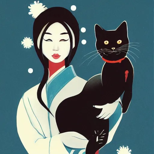 Prompt: full body icon stylized minimalist an asian girl with geisha makeup holding a cute black cat surrounded by snowflakes, loftis, cory behance hd by jesper ejsing, by zdzisław beksinski and norman rockwell and greg rutkowskiweta studio, and lucasfilm - c 1 0