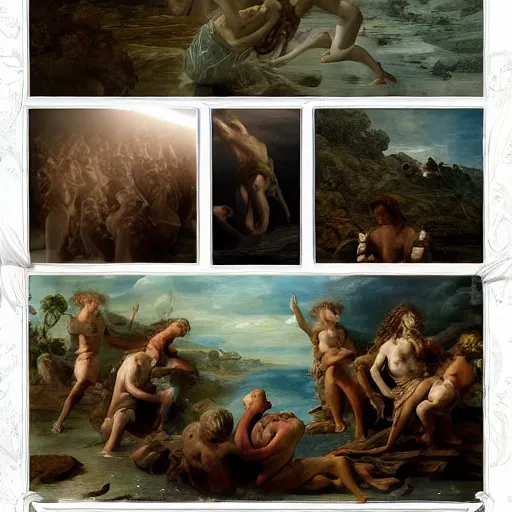 Prompt: seven trials of the prehistoric aquatic cult, in the style of David Geddes, Élisabeth Vigée Le Brun, dramatic lighting, establishing shot, detailed and clear beautiful realistic faces, 8k resolution – W 1024