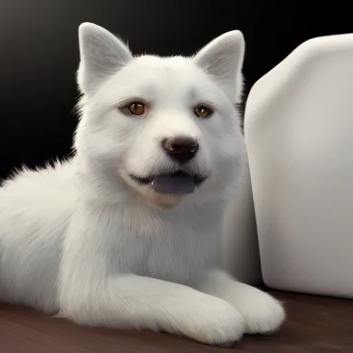 Image similar to crisp quality and light reflections, photorealistic portrait, studio lighting, still photo of a cute dog and a white cat, bright studio setting, highly detailed, unreal engine 5 quality render