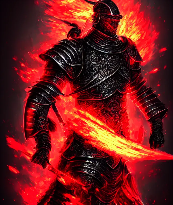 Image similar to a detailed manga character illustration of a dark warrior in black plated armour surrounded by red flames, trending on artstation, digital art, 4 k resolution, detailed, octane render, high quality, sharp focus, hq artwork, insane detail, concept art, character concept, character illustration, full body illustration