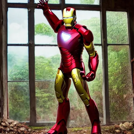 Image similar to iron man having a pr meeting in an abandoned house, studio ghibli, bright colors