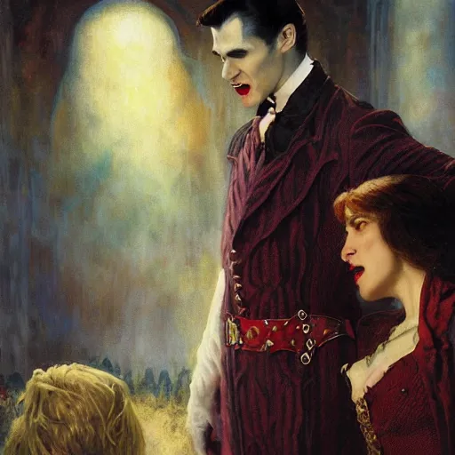 Image similar to attractive male, arthur pendragon confesses his love to attractive male dracula the vampire. highly detailed painting by gaston bussiere, craig mullins, j. c. leyendecker 8 k