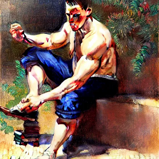 Prompt: channing tatum ties his shoes on a hot and sweaty summer day, painting by gaston bussiere, craig mullins, j. c. leyendecker, tom of finland