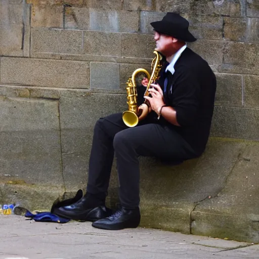 Image similar to A saxophonist played all night over the bag in the black arch. The drunkard was sleeping on a park bench, laying a newspaper sheet. Photo. Good quality.