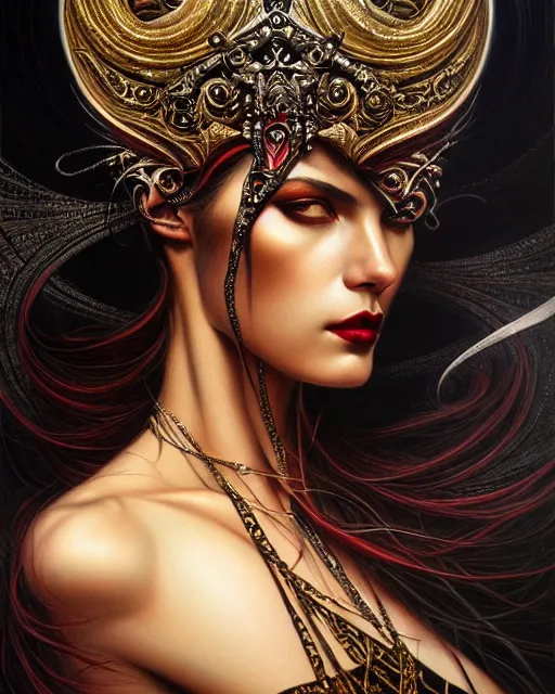 Prompt: portrait of a beautiful goddess, enigmatic beauty, dominant shades of black, gold silver, dark red, white, head in focus, fantasy art, ornamental aesthetics, intricate, elegant, highly detailed, hyperrealistic, artstation, concept art, painterly, sharp focus, illustrative art by karol bak