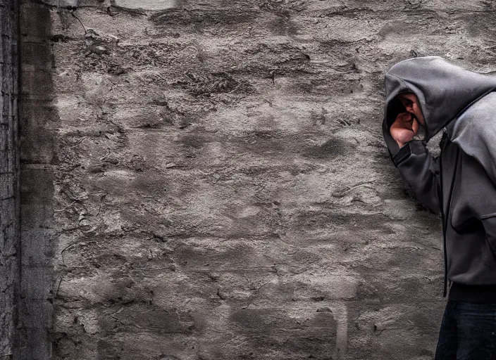 Image similar to hooded man spray painting graffiti on brick wall, cinematic lighting