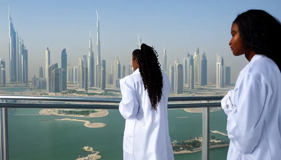 Prompt: one black woman with long hair in a white lab coat gazing at the dubai skyline