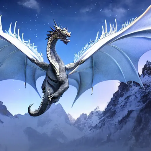 Prompt: High quality, beautiful and majestic western dragon in the mountains surrounded by snow and trees with wings spread out to the side while roaring, ultra high quality, 3d rendering, award-winning