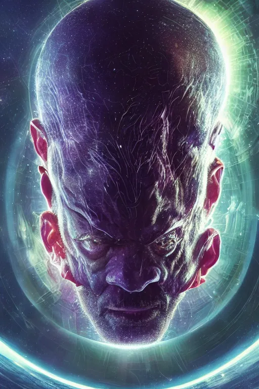 Image similar to Hugo weaving's head in a cosmic context, devouring a planet, photo, portrait, 3d, high details, intricate details, by vincent di fate, artgerm julie bell beeple, 90s, Smooth gradients, octane render, 8k, High contrast, duo tone, depth of field, very coherent symmetrical artwork