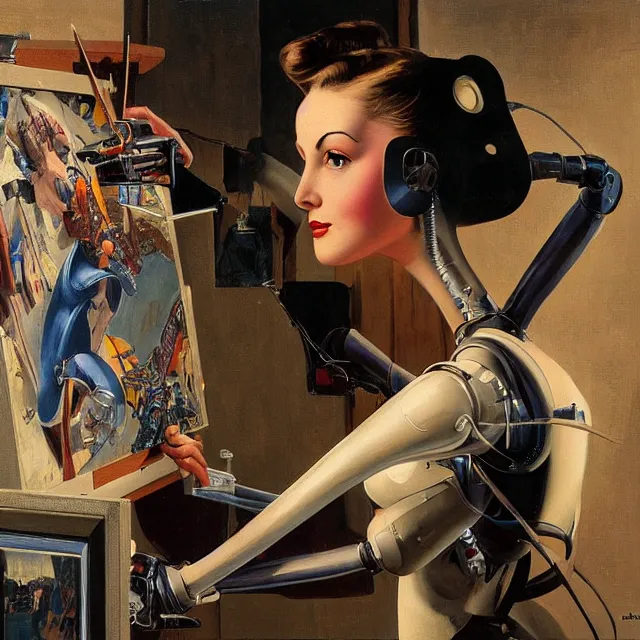 Prompt: robot artist painting a self - portrait on a canvas. intricate, highly detailed, digital matte painting in the style of gil elvgren and in the style of stephen hickman. irony, recursion, inspiration.