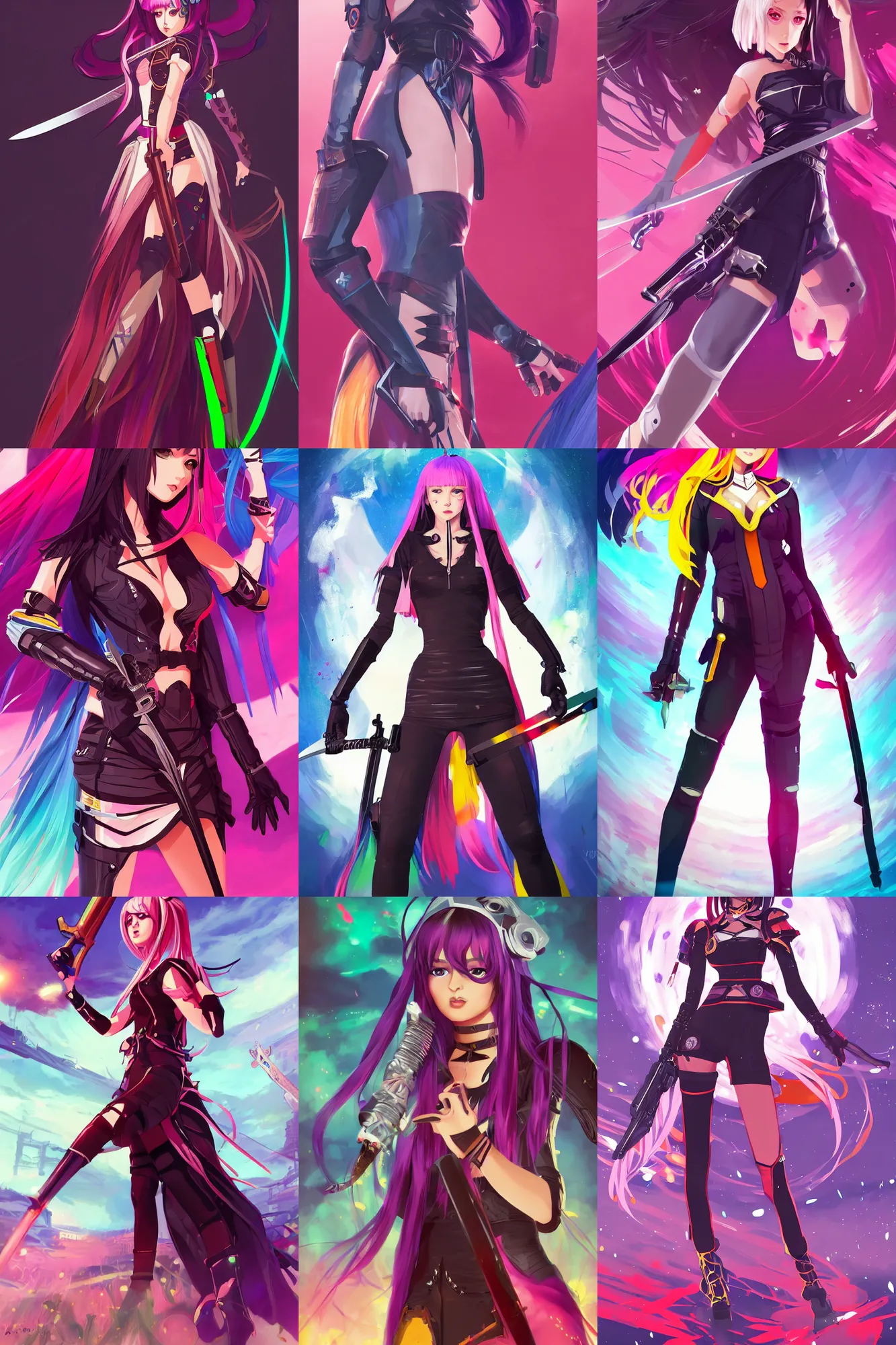 Prompt: full body character poster art of woman gang leader in a futuristic dress holding a sword, long straight hair, colourful, pretty face, anime by kuvshinov ilya, artgerm and greg rutkowski, 4 k, graphic design, adobe illustrator, behance, trending on pixiv