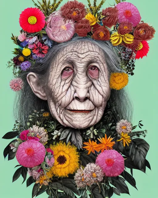 Image similar to a portrait of a fleshy old woman covered in flowers, who is surprised she is still alive, in the style of guiseppe arcimboldo and james jean, covered in wispy gray hair with a hint of neon, hd 3 d,