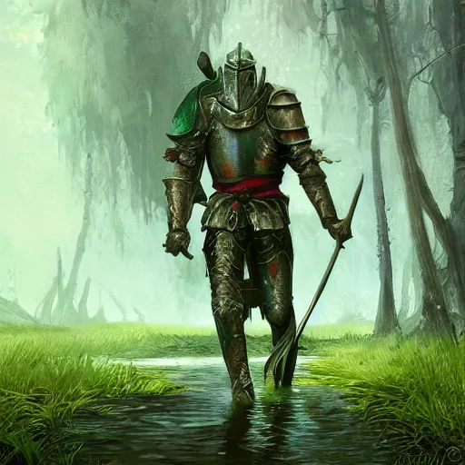 Image similar to A knight treking across a swamp with a caste in the background, green color scheme with hints of red, digital art, artstation, dramatic lighting, intricate, wild, highly detailed, digital painting, artstation, concept art, smooth, sharp focus, illustration, art by artgerm and greg rutkowski.