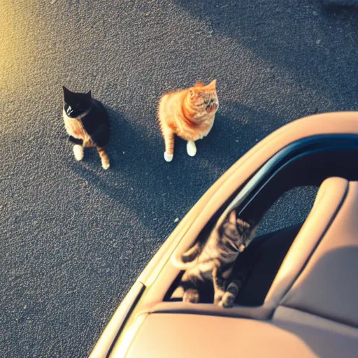 Image similar to birds eye view of convertible, cat homies chilling in car, paws on steering wheel, golden hour, clear sky