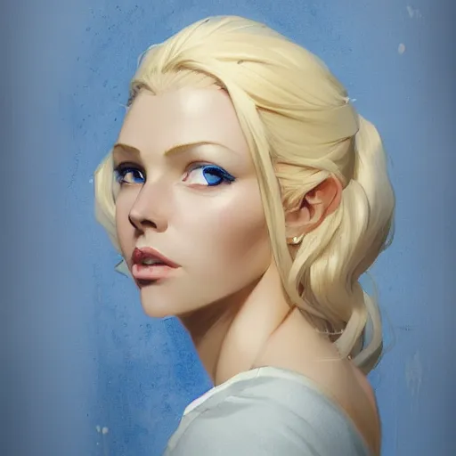 Image similar to portrait of beautiful girl with blond hair and blue eyes, League of Legend illustration by Greg Rutkowski:1, profile picture by Gil Elvgren:2, asymmetrical, Organic Painting, Ambient Occlusion:3, Matte Painting, geometric shapes, hard edges, street art, trending on the artstation, realistic:2 by Sachin Teng:5