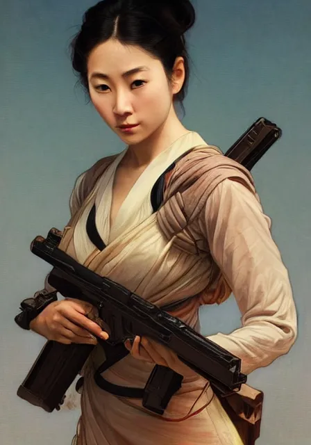 Prompt: realistic asian woman holding a vintage sci - fi gun, handsome, intricate, elegant, highly detailed, digital painting, artstation, concept art, smooth, sharp focus, illustration, art by artgerm and greg rutkowski and alphonse mucha and william - adolphe bouguereau