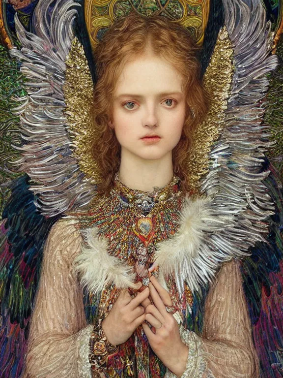 Image similar to a 65mm fashion portrait of an angel who has huge wings embellished sequined feather-adorned,by William Holman Hunt，tom bagshaw,Ekaterina Belinskaya，marie spartali Stillman,William Morris,GUCCI,DIOR,trending on pinterest，maximalist,glittering,feminine