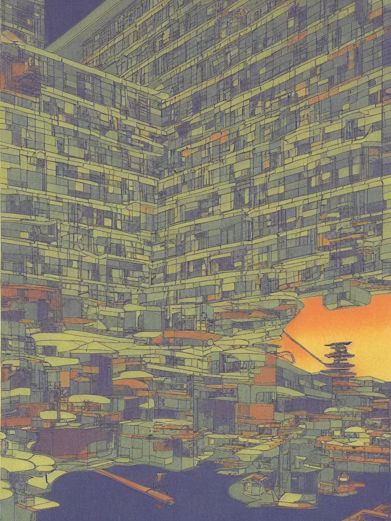 Image similar to a psychedelic hallucination of a brutalist hotel in the atmosphere clouds of venus, by kawase hasui, moebius, edward hopper, colorful flat surreal design, dramatic lighting, hd, 8 k, artstation