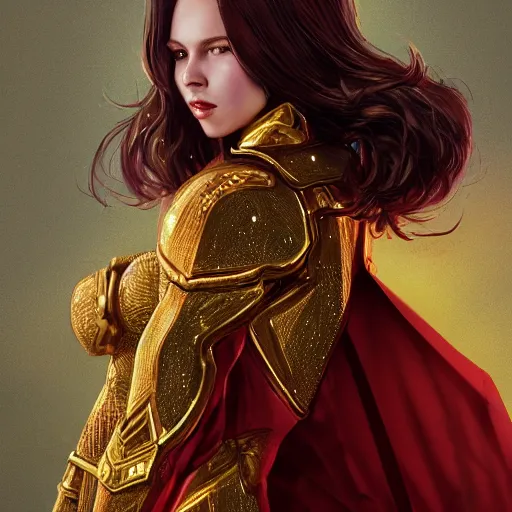 Prompt: a portrait of a beutifull women , golden armor with diamonds , bright red cape on her back , red puppils , queen crown on top of her head , fantasy , artstation , by wlop , ross tran, peter xiao , dao lee