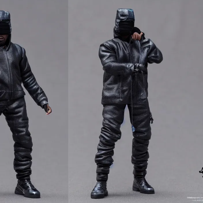 Image similar to a hot toys figure of kanye west using a full face covering black mask, a small, tight, undersized reflective bright blue round puffer jacket made of nylon, dark jeans pants and big black balenciaga rubber boots, figurine, detailed product photo