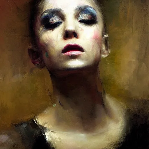 Prompt: A beautiful ballet dancer with makeup crying expression detailed painting beautiful artwork by jeremy mann