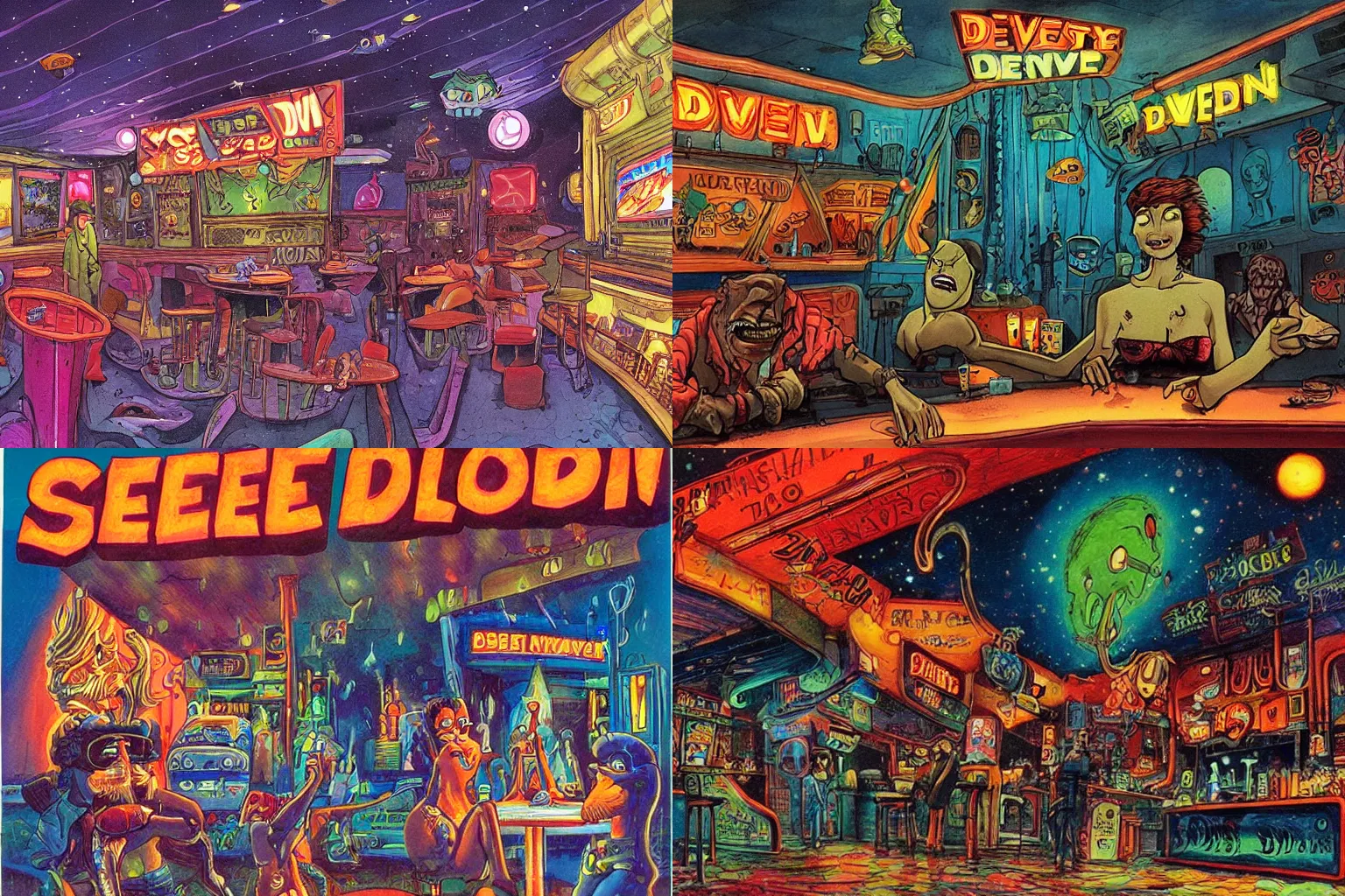 Prompt: seedy dive bar on the edge of the universe by Ralph Bakshi