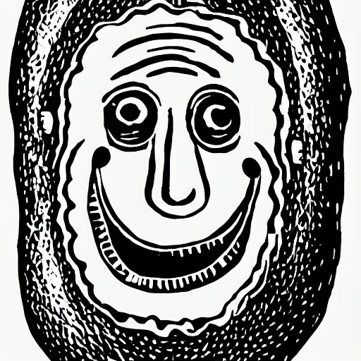 Image similar to linocut of a humanoid smiling pickle