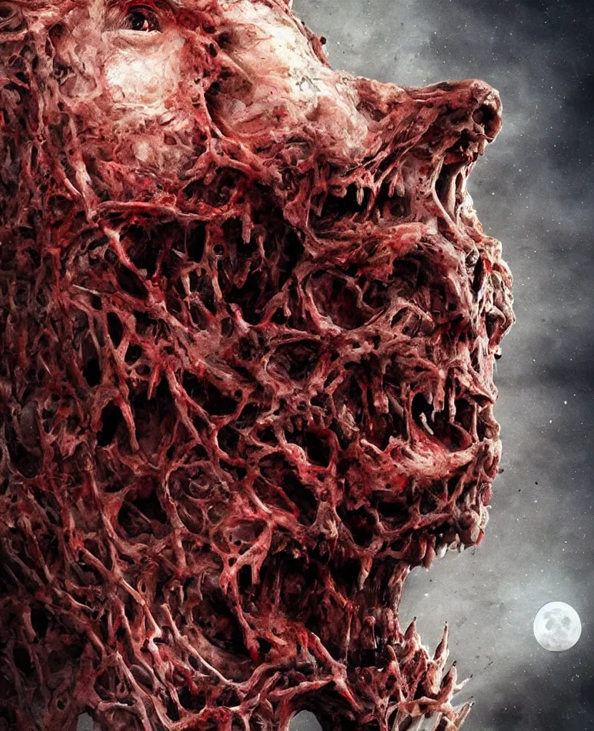 Image similar to moon made from thousands of rotten demonic bloody corpses of Nicolas Cage, body horror, flesh, blood, grotesque hell, highly detailed, vivid colors, dark shadows, contrast, concept art, sharp focus, digital art, Hyper-realistic, 4K, Unreal Engine, Highly Detailed, Dramatic Lighting, Beautiful, by Brom, bastien lecouffe-deharme