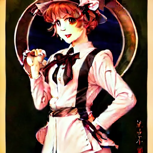 Prompt: character from touhou project in the style of j. c. leyendecker, illustration by j. c. leyendecker, anime girl, cute, beautiful, elegant high art, vintage