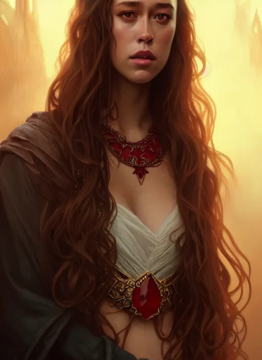 Prompt: portrait of alycia debnam - carey as a vampire lord, jewelry, greek, ruby, intricate, headshot, highly detailed, digital painting, artstation, concept art, sharp focus, cinematic lighting, illustration, art by artgerm and greg rutkowski, alphonse mucha, cgsociety