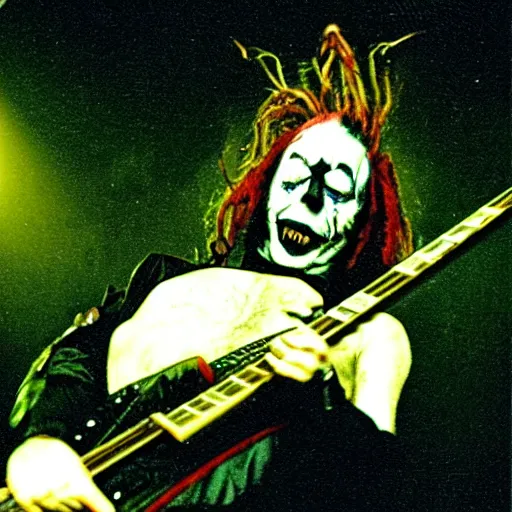 Image similar to Psychotic clown playing 7-string-guitar, concert, concert lighting, Slipknot, 2002, MTV, VHS quality