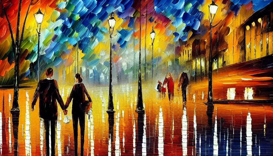 Prompt: painting afremov leonid evening landscape in the city and two people on the road