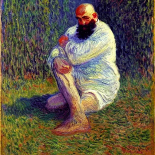 Image similar to monet painting of a bearded man with shaved head, he is vomiting on a soccer ball, highly detailed, realistic,