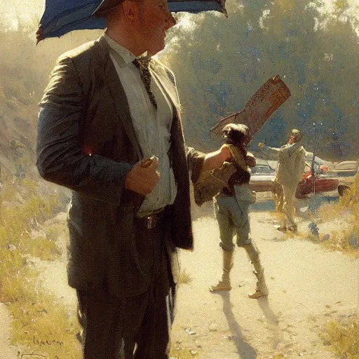 Image similar to alex jones begging for money on the side of the road, highly detailed painting by gaston bussiere craig mullins j. c. leyendecker,