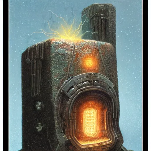 Image similar to ancient technology artifact, with glowing parts, by barlowe, wayne