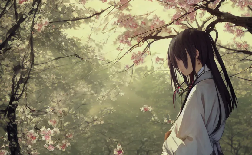 Image similar to front portrait of a girl walking, sakura tree in background, yukata clothing, battlefield in background, anime style, short hair, hair down, symmetrical facial features, from arknights, hyper realistic, 4 k, extreme detail, detailed drawing, trending artstation, realistic lighting, by alphonse mucha, greg rutkowski, sharp focus, backlit