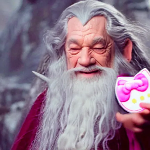 Image similar to portraid of gandalf wearing a Hello Kitty costume, smiling, holding a blank playing card up to the camera, movie still from the lord of the rings