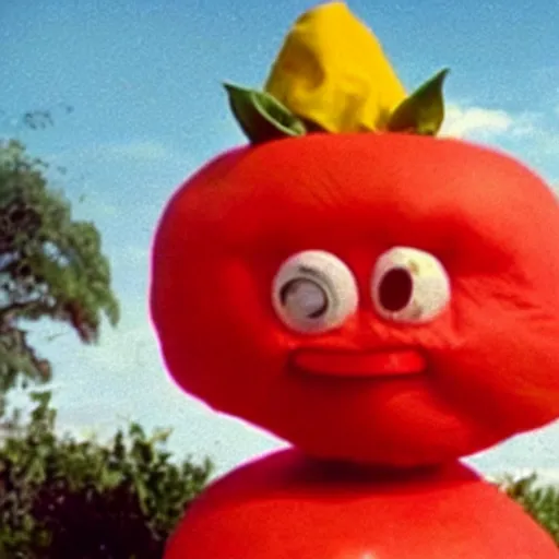 Prompt: film still of the rock in a tomato costume