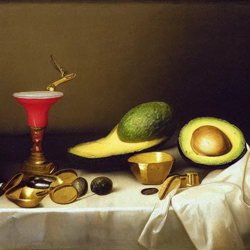 Prompt: still life with avocado toast, golden chalice, flies, velvet, 1 0 0 dollar bills, by willem claesz heda