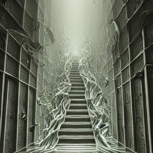 Prompt: a flood of slime in a bright white hallway with many doors and many stairs, Mc Escher architecture, epic composition, cgsociety, hyperdetailed, 8k