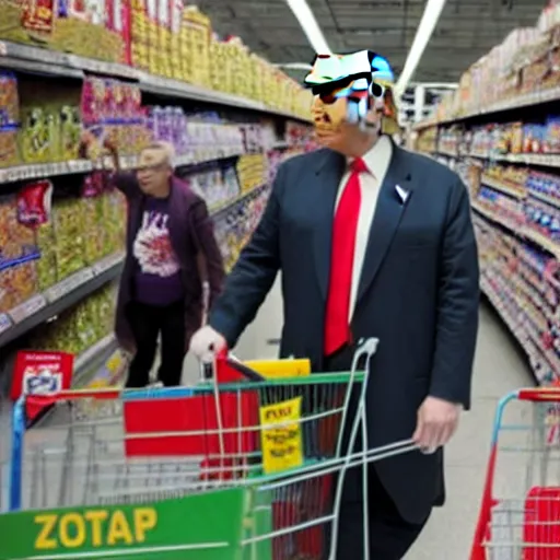 Image similar to photograph of zombie donald trump shopping at walmart in the bronx, movie still, 4 k